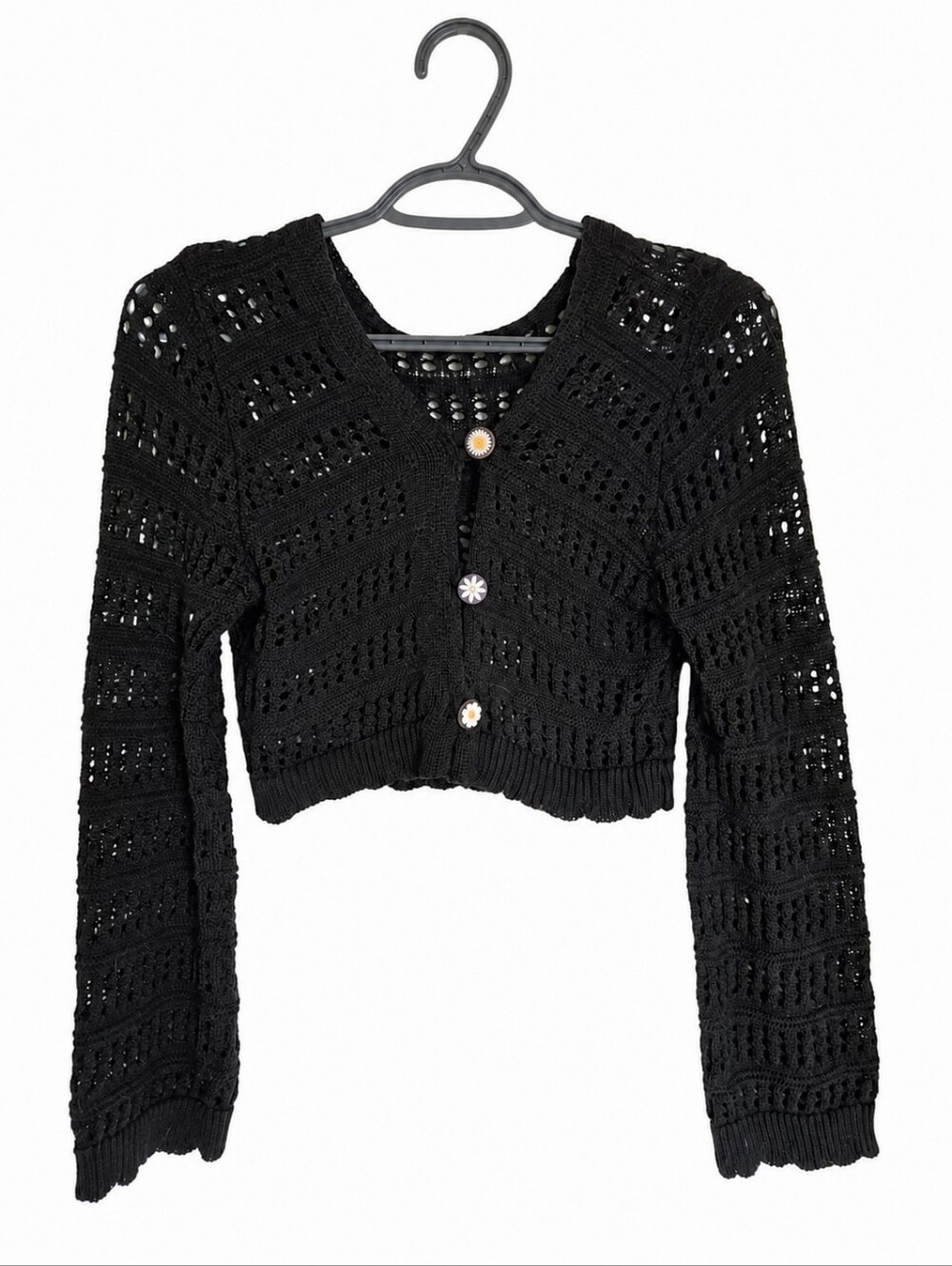 Black Cropped Open-Knit Cardigan with Cute Wooden Daisy Buttons - Women